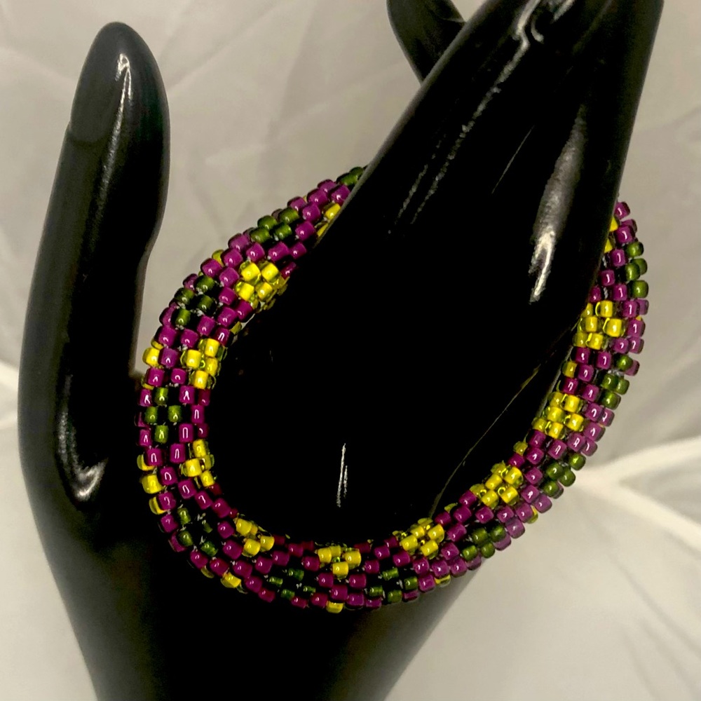 Handmade Multi-Colored Beaded Bracelet (Yellow/Olive/Plum)